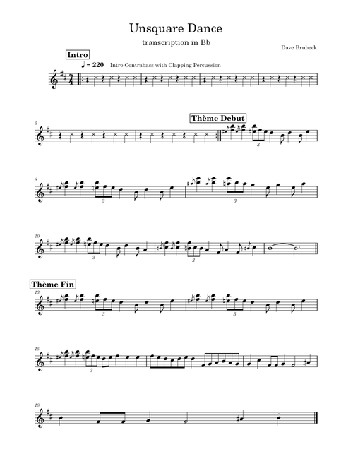 Unsquare dance – The Dave Brubeck Quartet Bb transcription