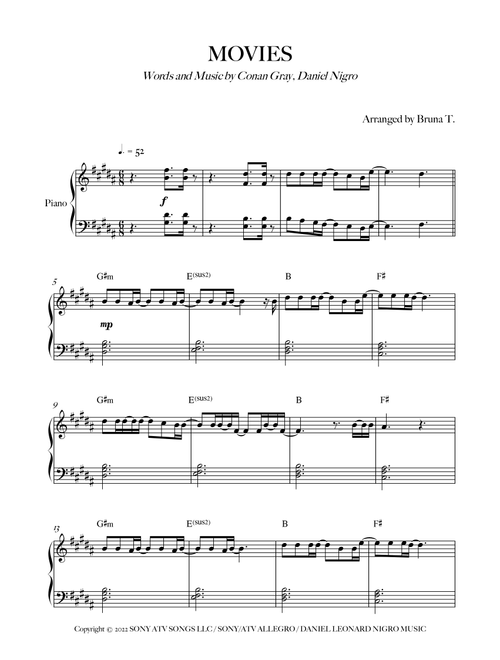 Movies (Arr. Bruna T.) - Conan Gray (Easy Piano)