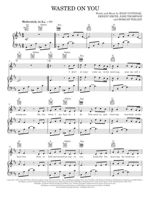 Wasted On You - Morgan Wallen (Piano-Vocal-Guitar)