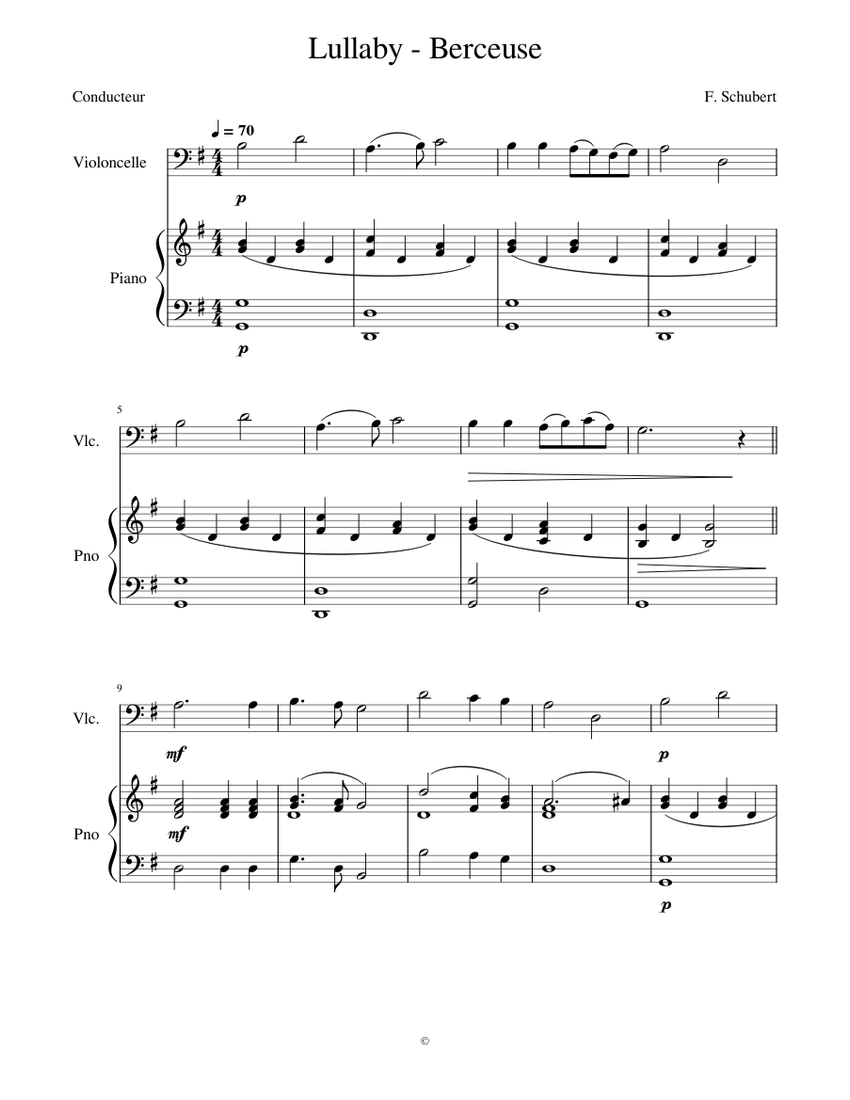 SCHUBERT Lullaby Berceuse Sheet music for Piano, Cello (Solo