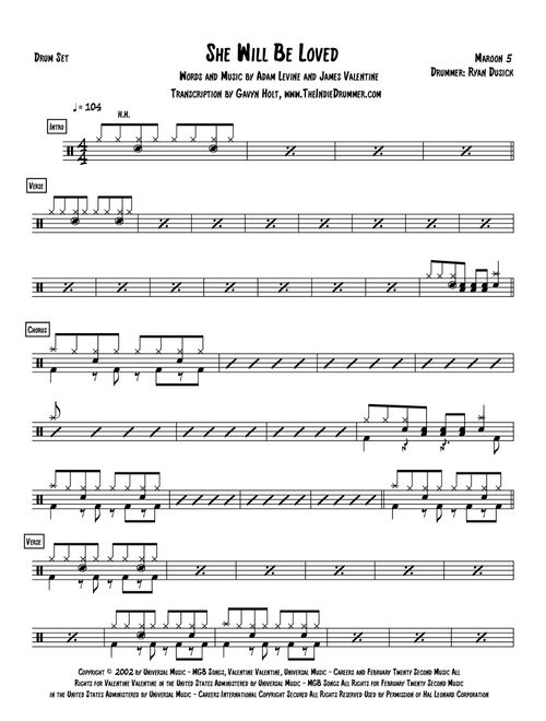 She Will Be Loved (Arr. Gavyn Holt) - Maroon5 (Drums)