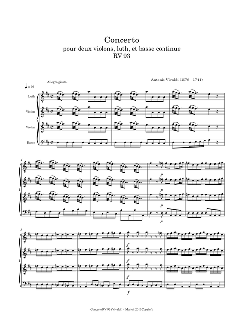 Concerto RV 93 pour deux violons, luth et basse continue - Antonio Vivaldi (1678 - 1741)