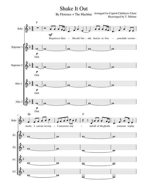 Shake it out – Florence + The Machine Florence + The Machine - Shake It Out (Capital City Choir - Malone rearrange for SSAA and solo)
