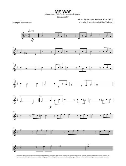 My Way (Arr. Joe Securis) - Elvis Presley (Recorder Solo)