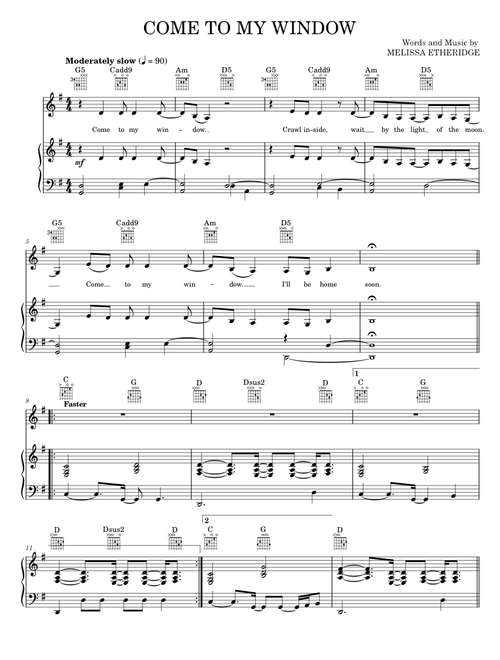 Come to my window - Melissa Etheridge (Piano-Vocal-Guitar)