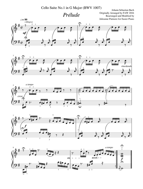 Prelude Cello Suite No.1 in G Major Bach modified and arranged for piano