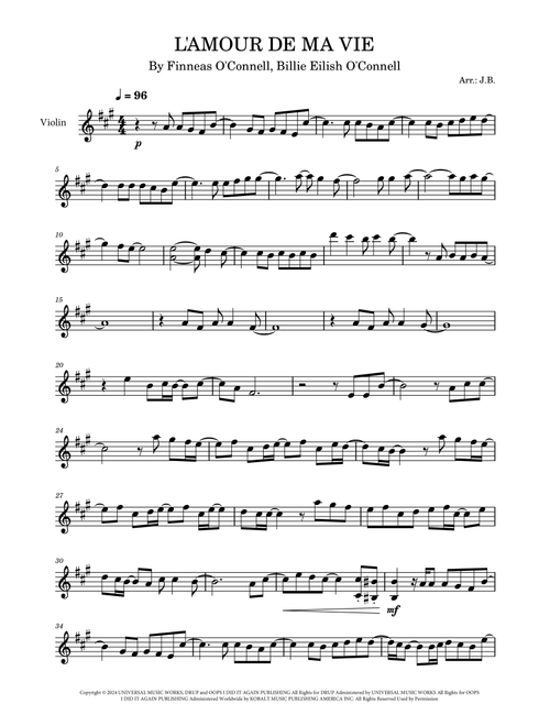 L'amour De Ma Vie (Arr. J. B.) - Billie Eilish (Violin Solo)