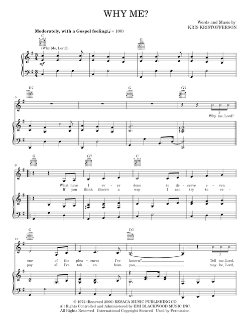Why Me? (Why Me, Lord?) - Cristy Lane, Johnny Cash, Kris Kristofferson (Piano-Vocal-Guitar)