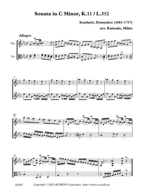 Sonata in C Minor, K.11 / L.352 for Violin and Viola (Arr. Kamada, Mikio) - Scarlatti Domenico (1685-1757) (Instrumental Duet)
