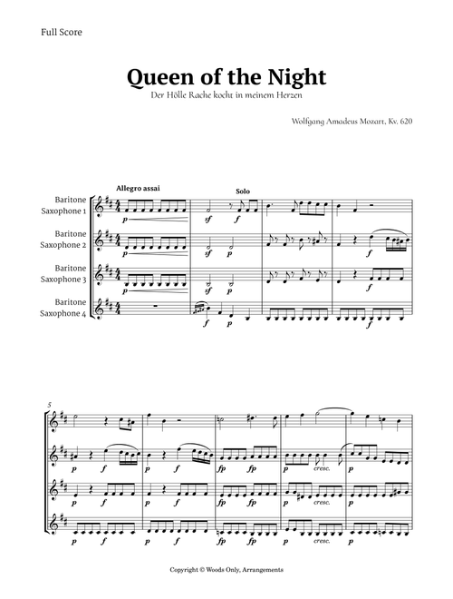 Queen of the Night Aria by Mozart for Baritone Sax Quartet (Arr. Ander) (Woodwind Ensemble)