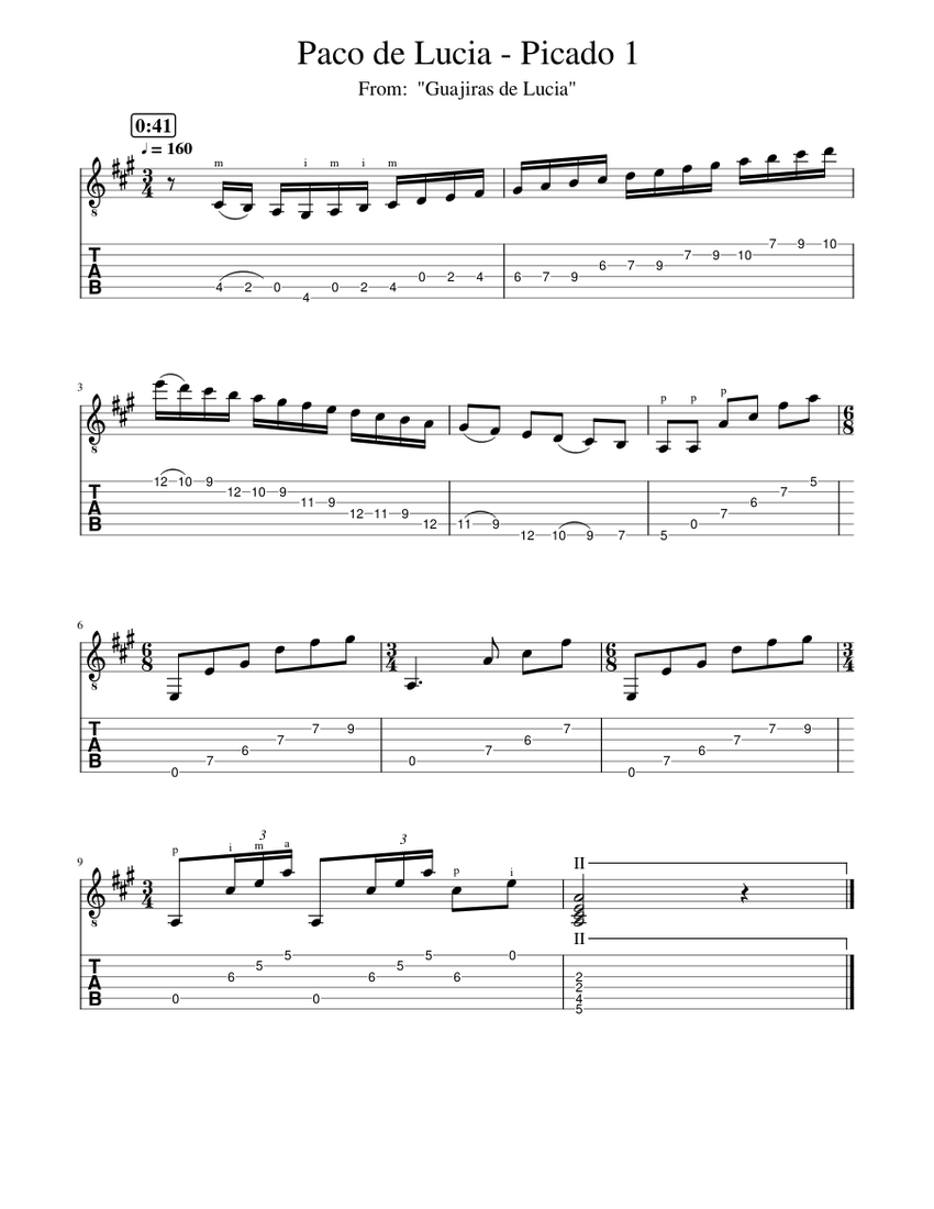 Paco de Lucia - Picado 1 Sheet Music and Tab for Guitar