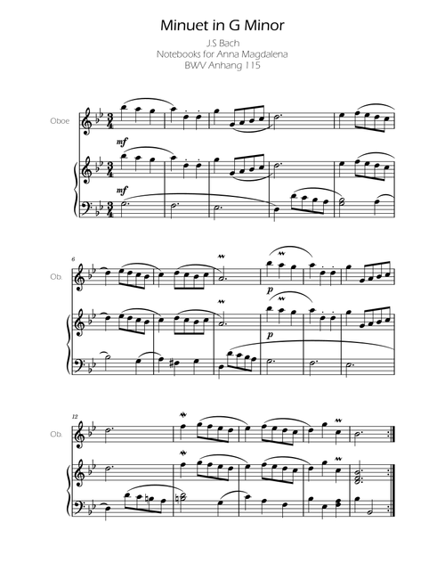 Minuet in G minor BWV Anh. 115 - Bach - Oboe (Arr. Ygor Nunes) - Johann Sebastian Bach (Oboe and Piano)