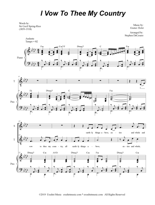 I Vow To Thee My Country (Duet for Soprano and Tenor solo) (Arr. Stephen DeCesare) (Voice Duet and Piano)