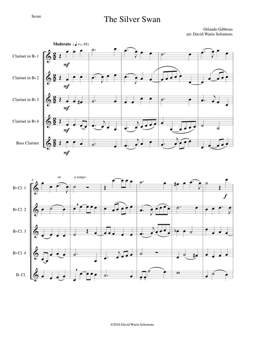 The Silver Swan for clarinet quintet (4 B flats and 1 Bass) (Arr. David Warin Solomons) - Orlando Gibbons (Woodwind Ensemble)