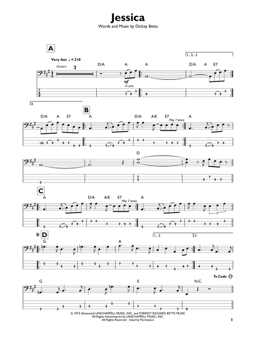 Jessica - The Allman Brothers Band (Easy Bass Tab)