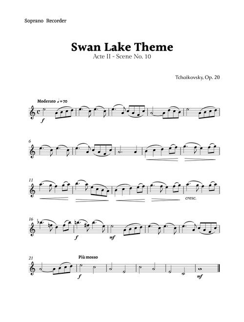 Swan Lake Theme by Tchaikovsky (Arr. Rika K.) (Recorder Solo)