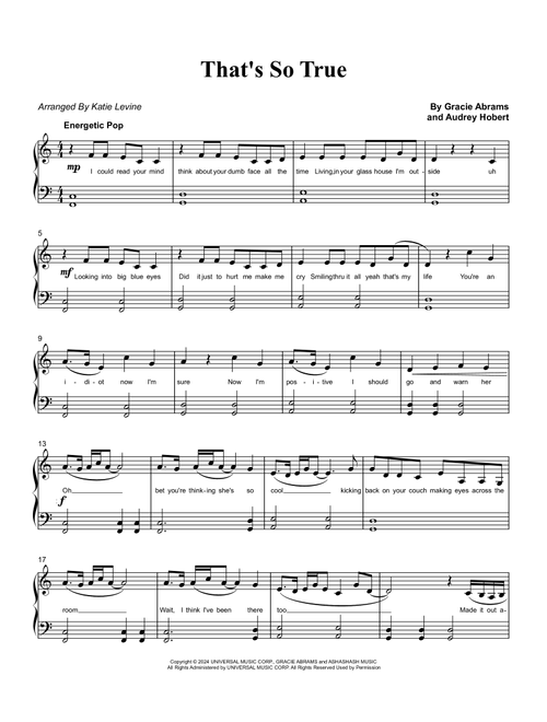 That's So True (Arr. Katie Levine) - Gracie Abrams (Easy Piano)