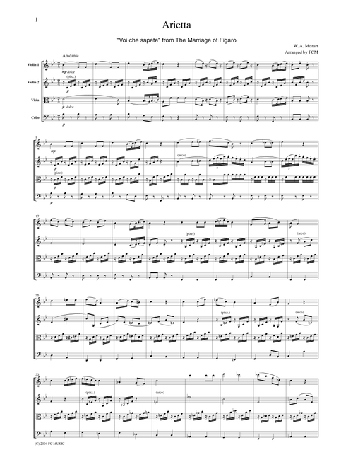 Mozart  Arietta Voi che sapete from The Marriage of Figaro, for string quartet, CM013 (Arr. FCMUSIC) (String Quartet)
