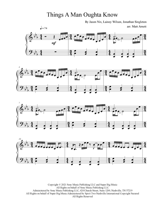 Things A Man Oughta Know (Arr. Matt Arnett) - Lainey Wilson (Piano Solo)