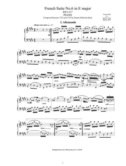 Bach - French Suite No.6 in E major BWV 817 for Piano (Arr. Santino Cara) - Bach Johann Sebastian (Piano Solo)