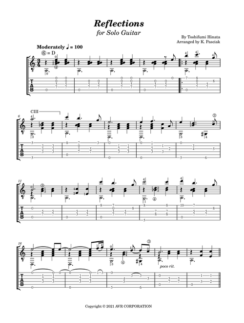 Reflections Toshifumi Hinata (Arr. Kenneth Pasciak) (Guitar Tab)