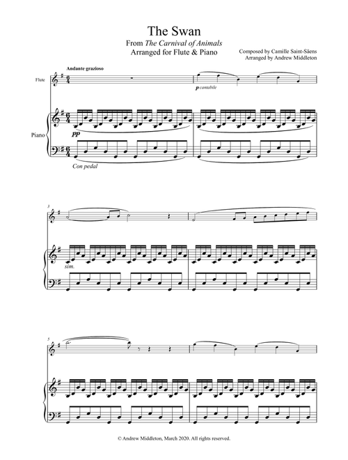 The Swan from The Carnival of Animals arranged for Flute and Piano (Arr. Andrew Middleton) - Camille Saint-Saen (Small Ensemble)