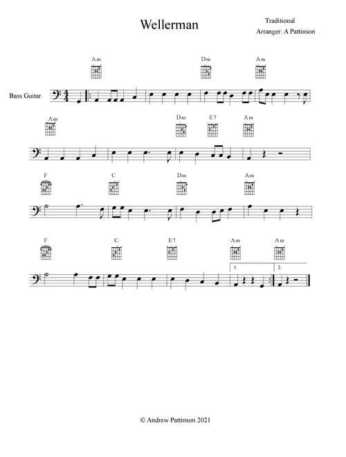 Wellerman for Bass Guitar with Chords (Arr. Andrew Pattinson) - Traditional (Bass Tab)