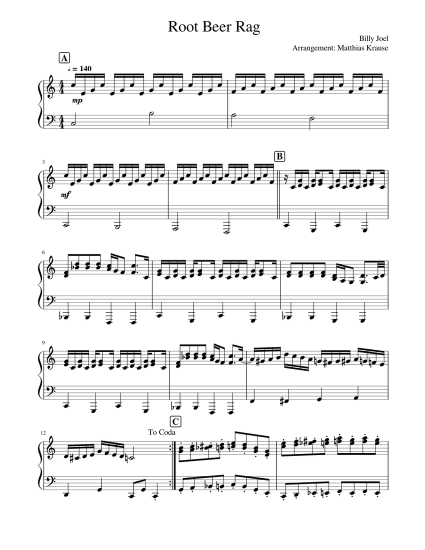 Root Beer Rag Billy Joel (easy) Sheet music for Piano (Solo