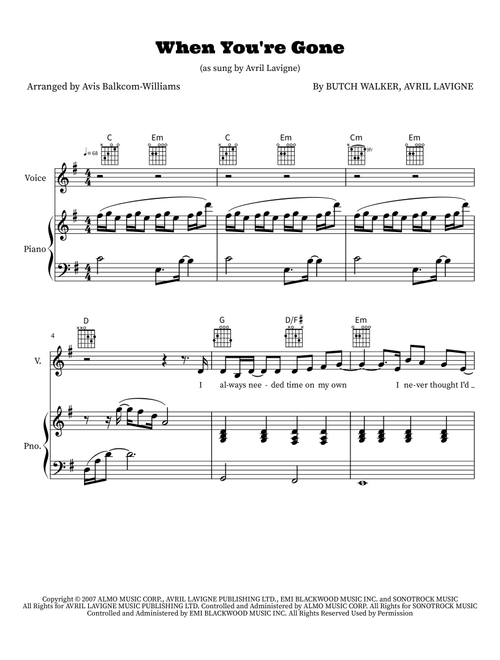 When You're Gone (Arr. Avis Balkcom-Williams) - Avril Lavigne (Piano-Vocal-Guitar)