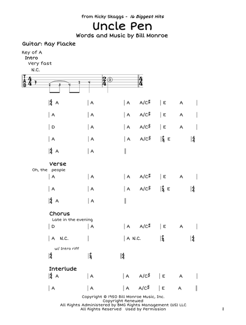 Uncle Pen - Ricky Skaggs (Guitar Lead Sheet)
