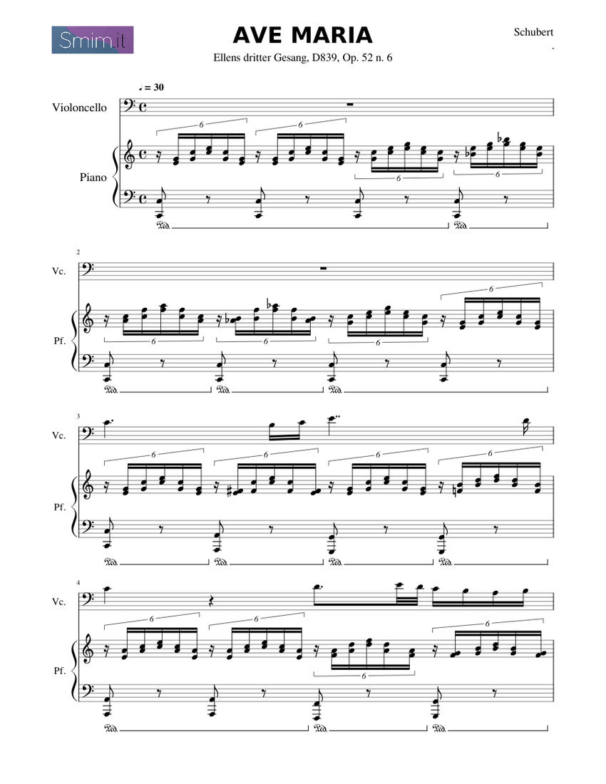 Ave Maria (Schubert) Sheet Music For Piano, Cello (Solo) | Musescore.com