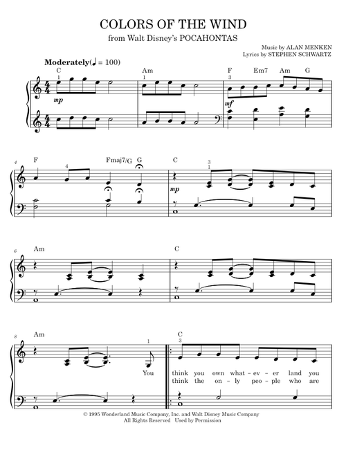 Colors of the wind - Vanessa Williams (Easy Piano)