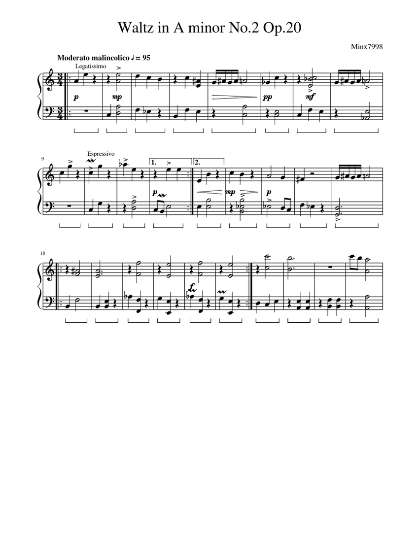 Waltz in A minor No.2 Op.20 Sheet Music for Piano (Solo) easy ...
