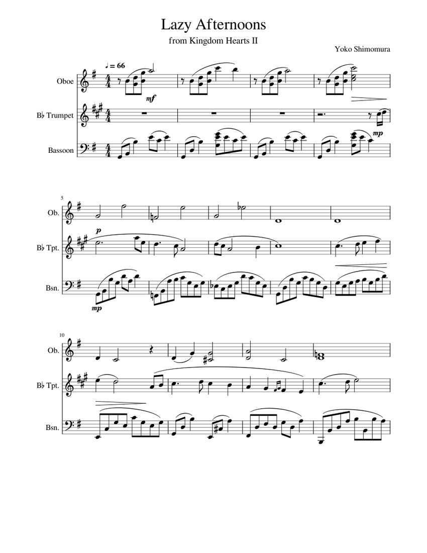 Independientemente Hueso Receptor Lazy Afternoons mixed trio arrangement Sheet music for Oboe, Bassoon,  Trumpet in b-flat (Mixed Trio) | Musescore.com