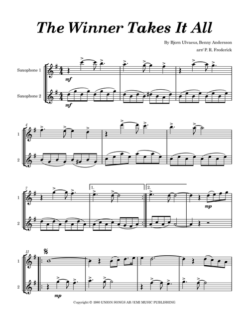 Winner Takes It All (Arr. P. R. Frederick) - Benny Andersson, Bjorn Ulvaeus (Saxophone Duet)