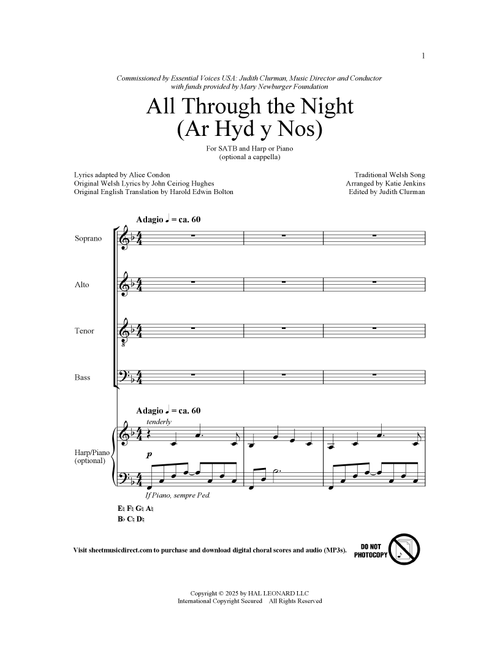 All Through The Night (Ar Hyd A Nos) (arr. Katie Jenkins) - Traditional Welsh Song, Alice Condon (adpt), Cohn Ceiriog (Choral, SATB)