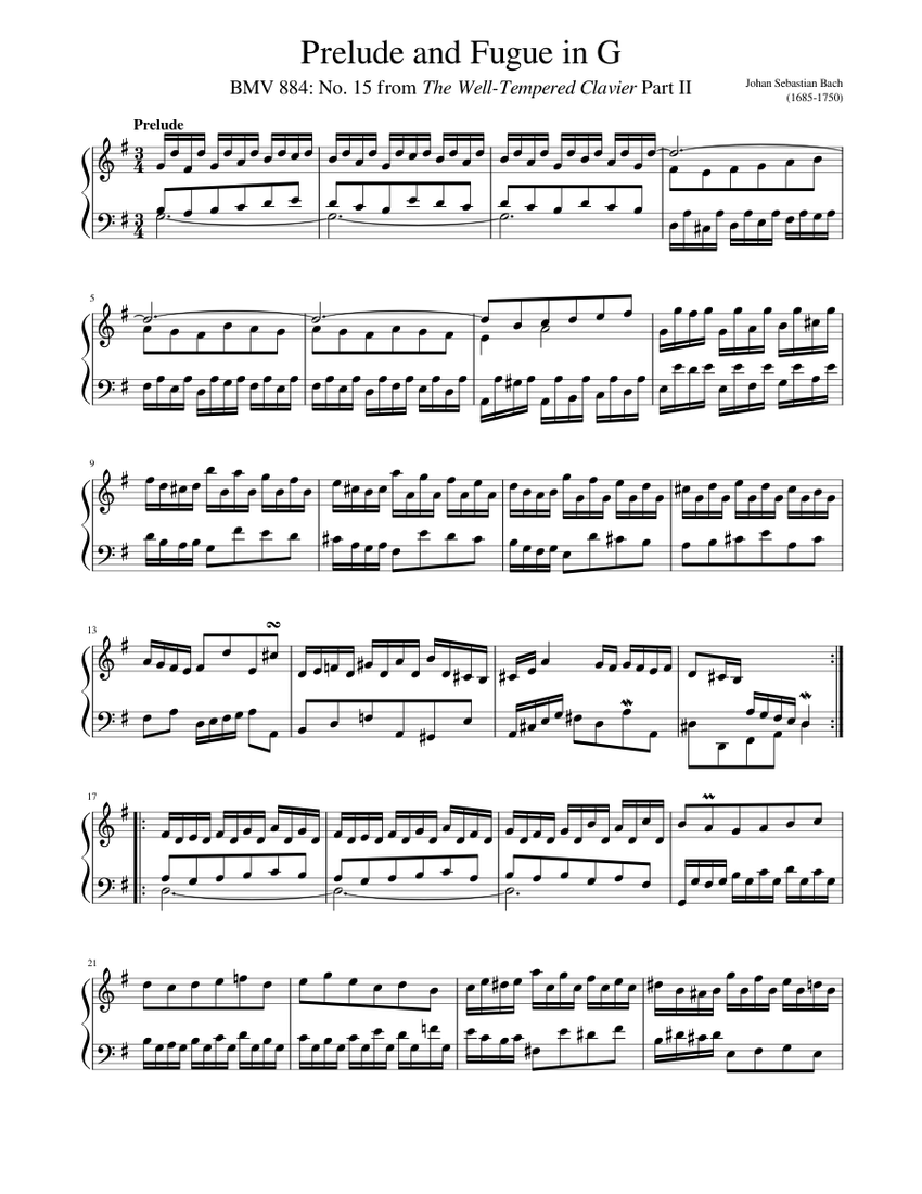 Bach JS - Prelude and Fugue in G BMV 884 No 15 Sheet Music for