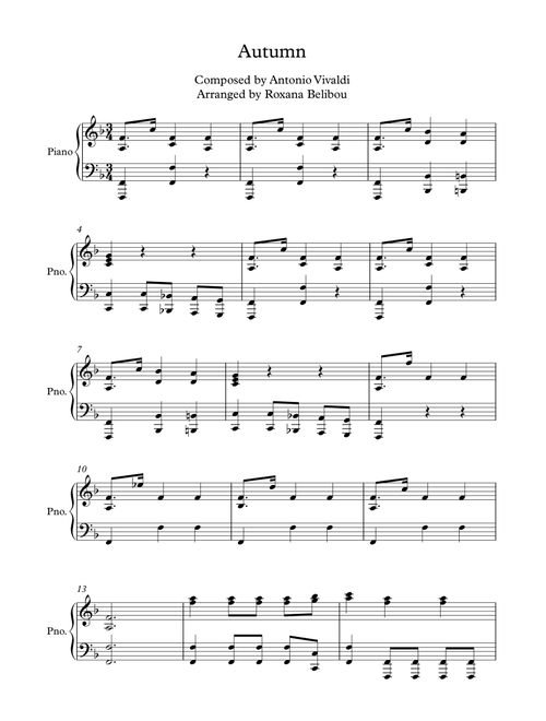 Autumn from The Four Seasons (Third Movement) by Vivaldi Piano (Arr. Roxana Belibou) (Piano Solo)