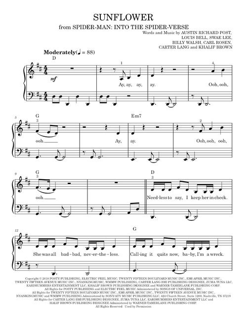 Sunflower (from Spider-Man: Into The Spider-Verse) - Post Malone & Swae Lee (Easy Piano)