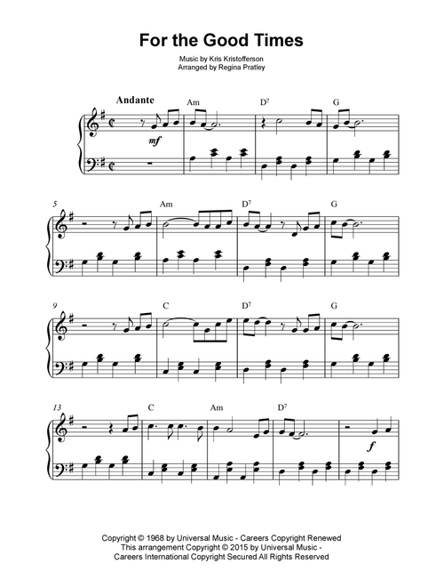 For The Good Times (Arr. Regina Pratley) - Ray Price (Piano Solo)