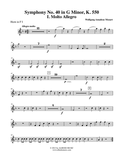 Mozart Symphony No. 40, Movement I - Horn in F 1 (Transposed Part), K. 550 (Arr. Doug Clyde) - Wolfgang Amadeus Mozart (French Horn Solo)