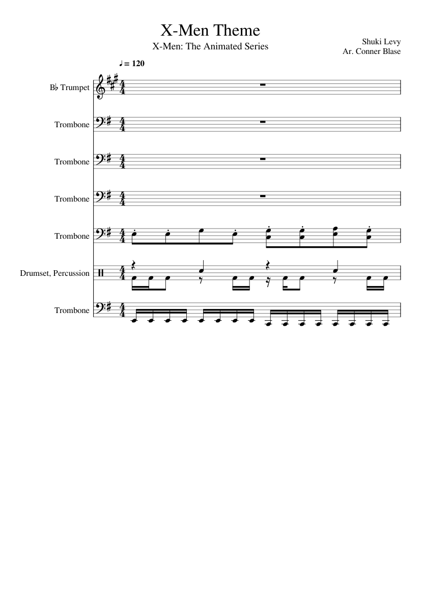 X-Men Theme Sheet music for Trombone, Trumpet in b-flat, Drum group (Mixed Ensemble) X-Men Theme Sheet music for Trombone, Trumpet in b-flat, Drum group (Mixed Ensemble)