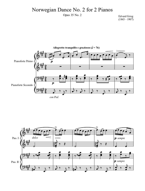 Norwegian Dance Opus 35 No. 2 for 2 Pianos