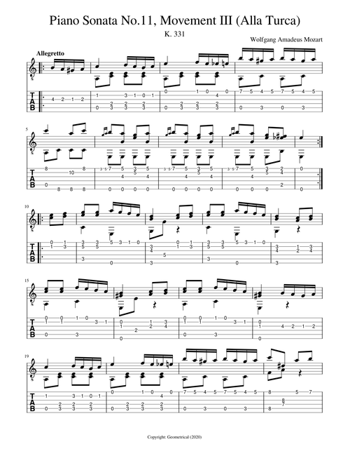 Wolfgang Amadeus Mozart: Piano Sonata No.11, Movement III (Alla Turca) - Guitar Tablature