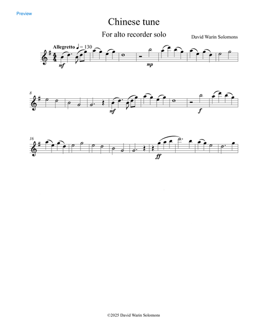 Chinese tune for alto recorder solo - David Warin Solomons (Recorder Solo)