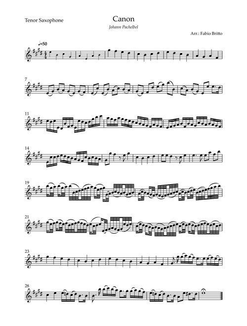 Canon - Johann Pachelbel (Wedding/Reduced Version) for Tenor Saxophone Solo (Arr. Fabio Britto) (Tenor Sax Solo)