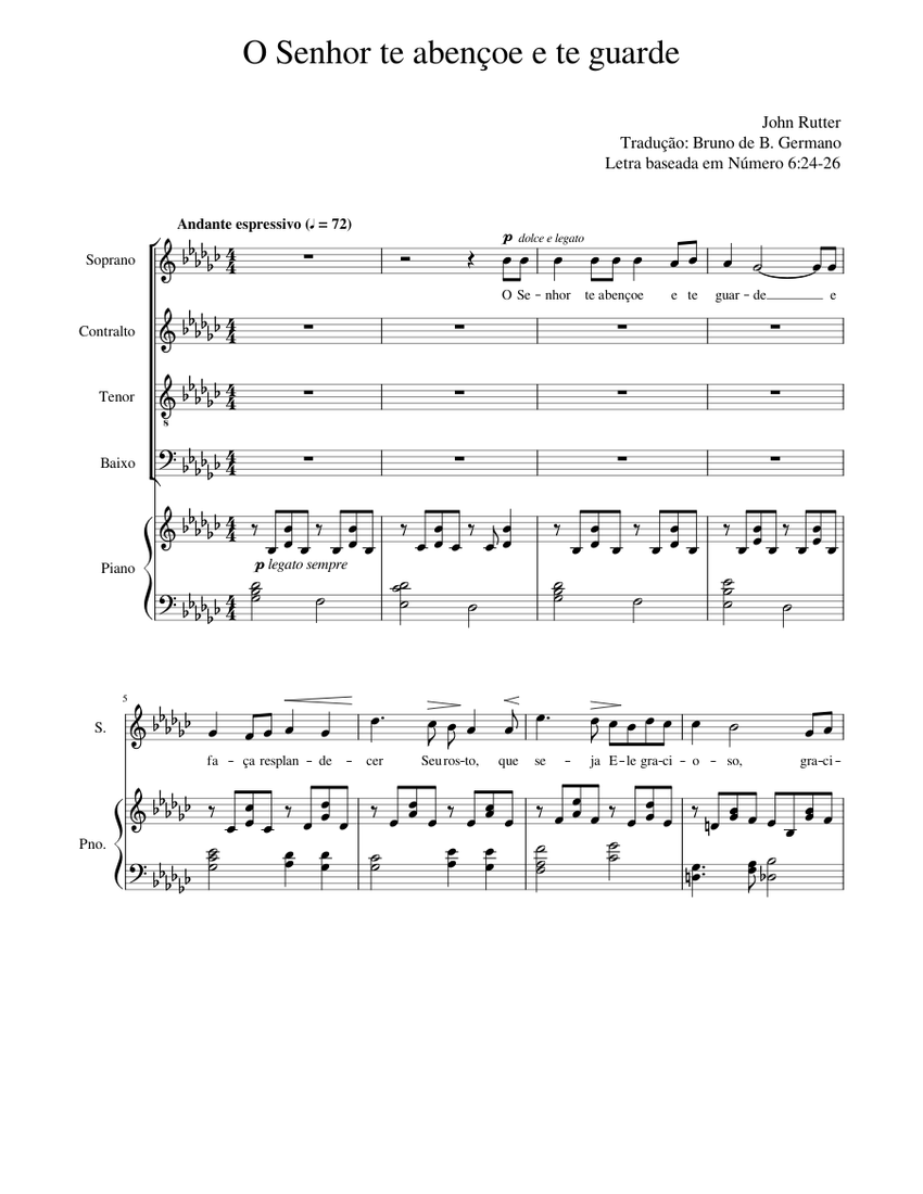 O Senhor te abençoe e te guarde Sheet Music for Soprano, Alto, Tenor ...