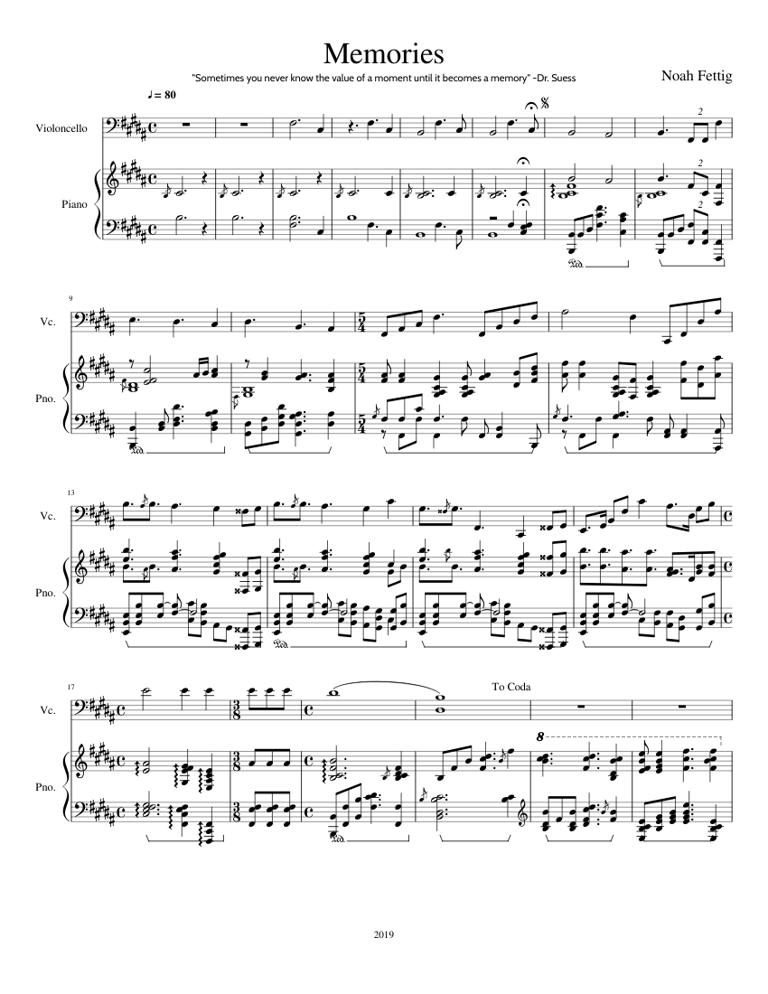 Memories (Piano and Cello Duet) Sheet Music for Piano, Cello
