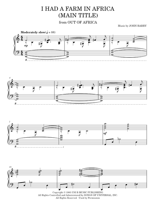 I Had A Farm In Africa (Main Title) (from Out Of Africa) - Monty Norman & John Barry (Piano Solo)