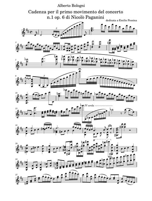 Cadenza for the first movement of Paganini's Violin concerto #1 (Arr. Alberto Bologni) (Violin Solo)